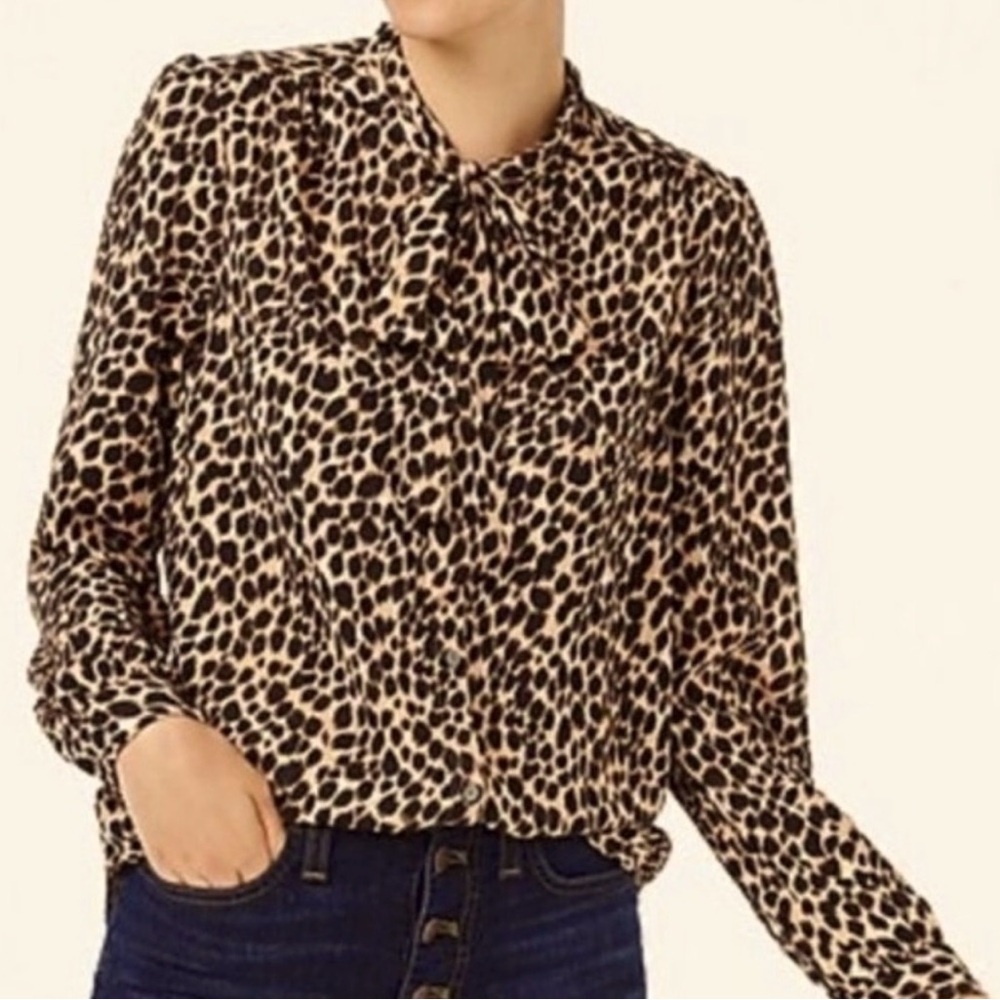 NWT Jcrew Leopard Print Tie-Neck Blouse - Beige/Black